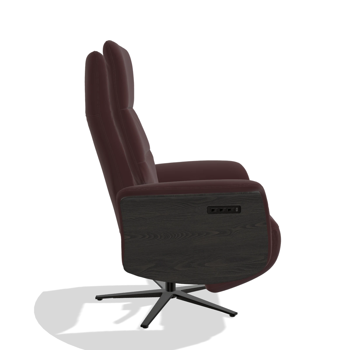 Recliner Atlas 6685 in Leather B938 (chocolate), tobacco wood side panels, black metal base, side view