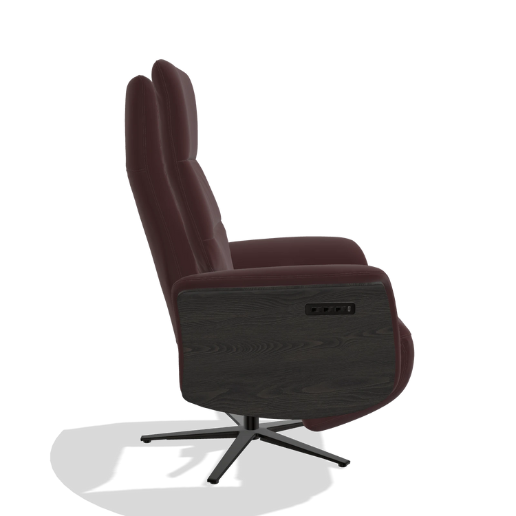 Recliner Atlas 6685 in Leather B938 (chocolate), tobacco wood side panels, black metal base, side view