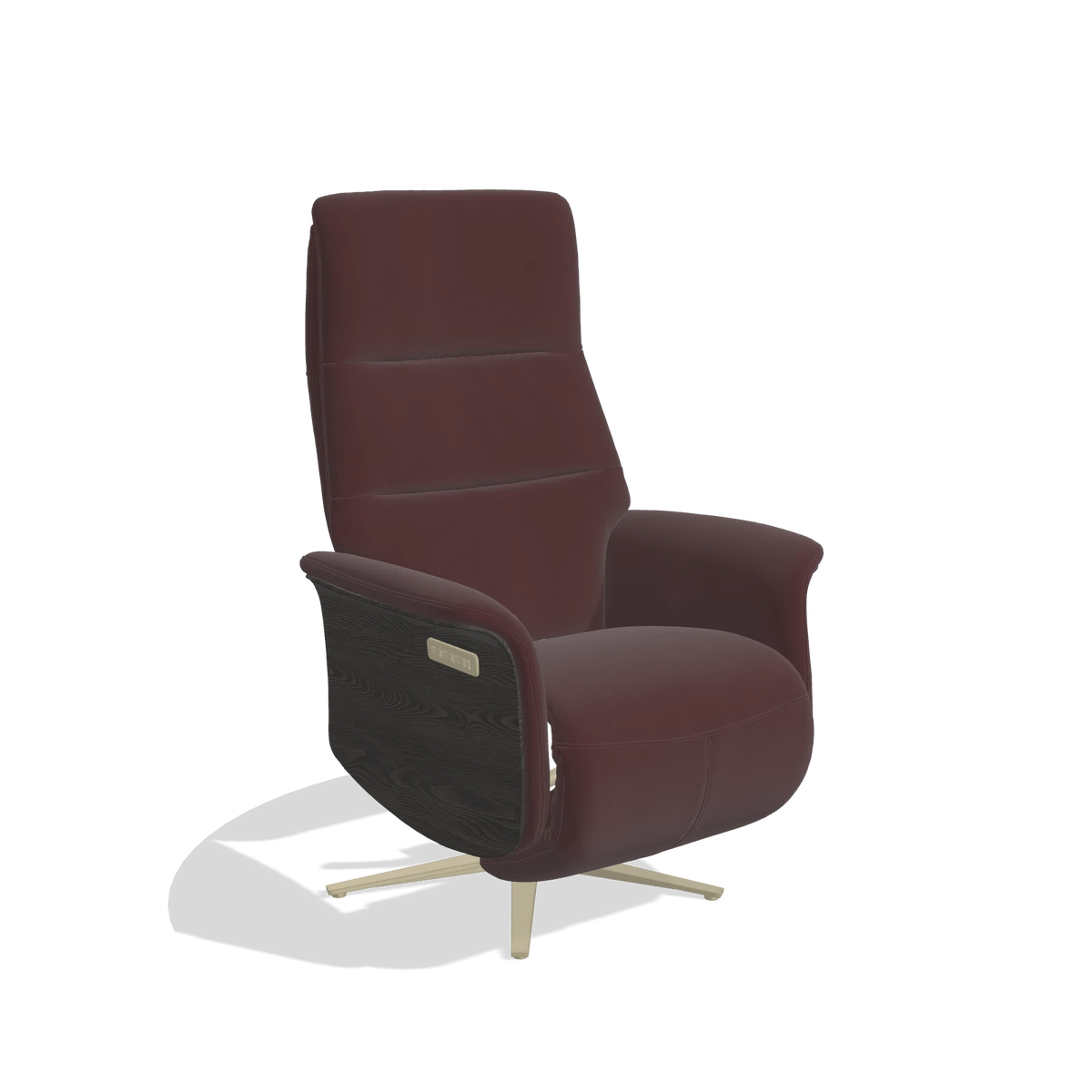 Recliner Atlas 6685 in Leather B938 (chocolate), tobacco wood side panels, champagne metal base, angled view