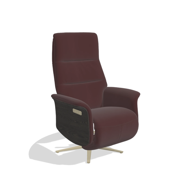 Recliner Atlas 6685 in Leather B938 (chocolate), tobacco wood side panels, champagne metal base, angled view
