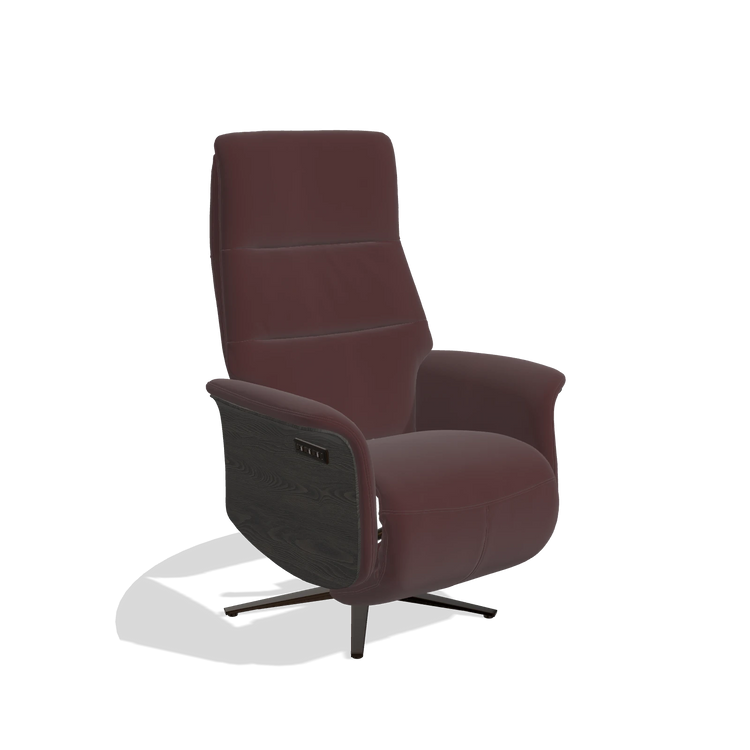 Recliner Atlas 6685 in Leather B938 (chocolate), tobacco wood side panels, espresso metal base, angled view
