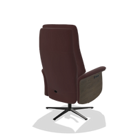 Recliner Atlas 6685 in Leather B938 (chocolate), walnut wood side panels, black metal base, back angled view