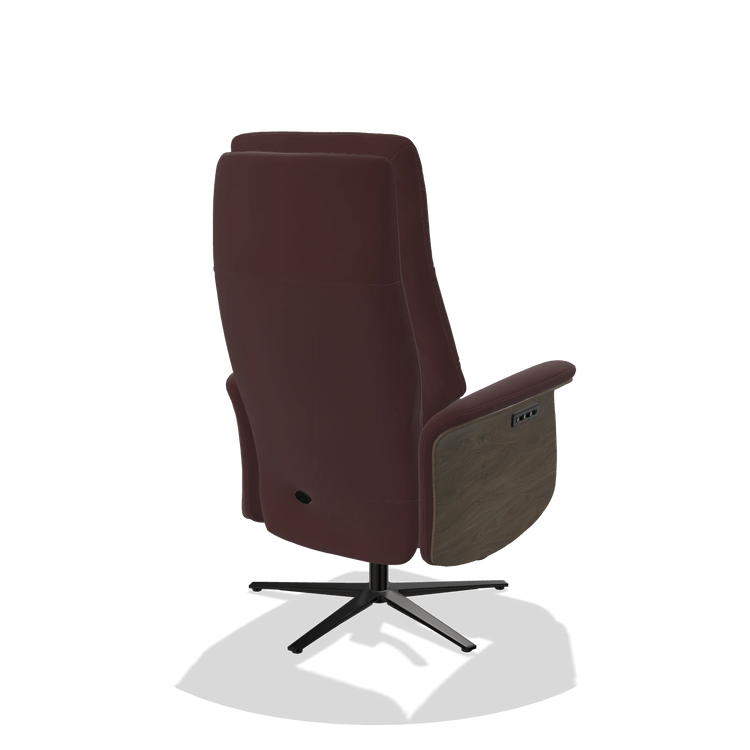 Recliner Atlas 6685 in Leather B938 (chocolate), walnut wood side panels, black metal base, back angled view