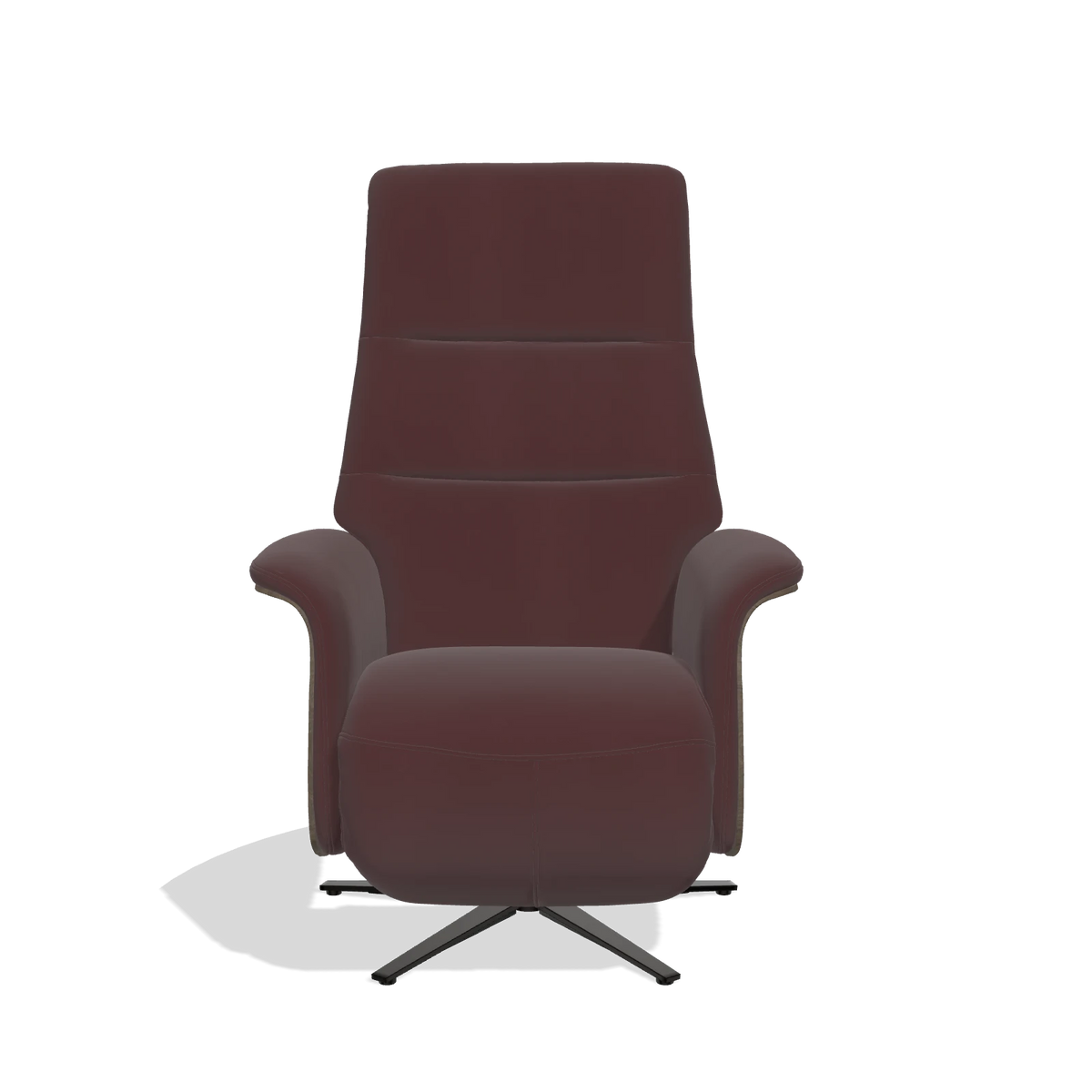 Recliner Atlas 6685 in Leather B938 (chocolate), walnut wood side panels, black metal base, front view