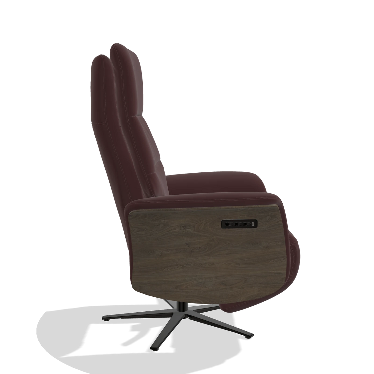 Recliner Atlas 6685 in Leather B938 (chocolate), walnut wood side panels, black metal base, side view