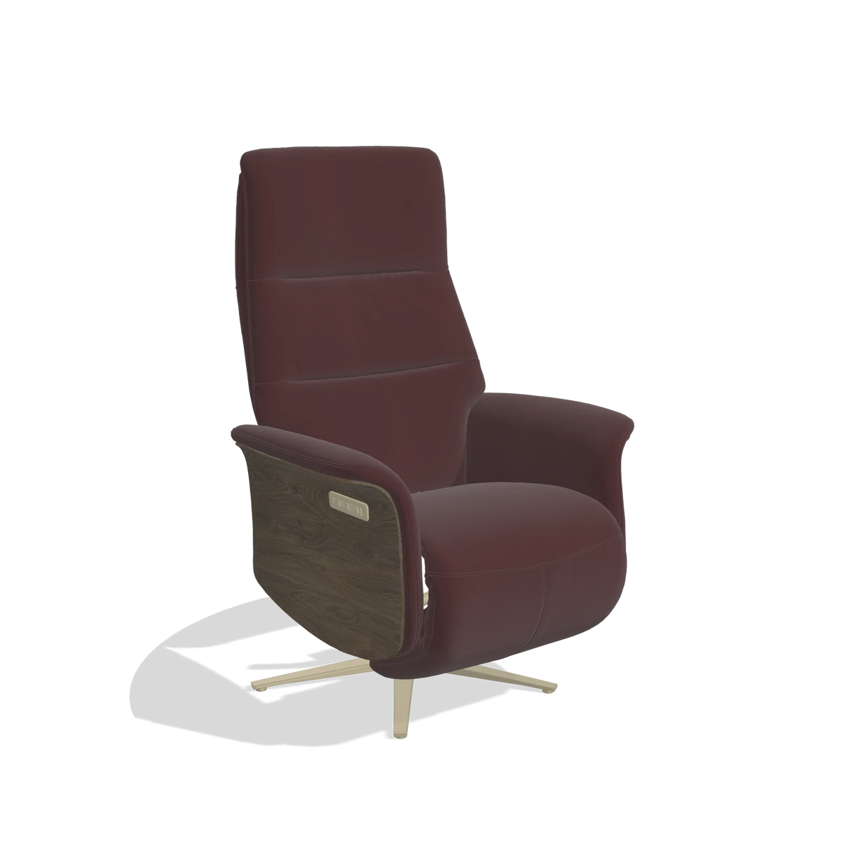 Recliner Atlas 6685 in Leather B938 (chocolate), walnut wood side panels, champagne metal base, angled view