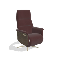 Recliner Atlas 6685 in Leather B938 (chocolate), walnut wood side panels, champagne metal base, angled view