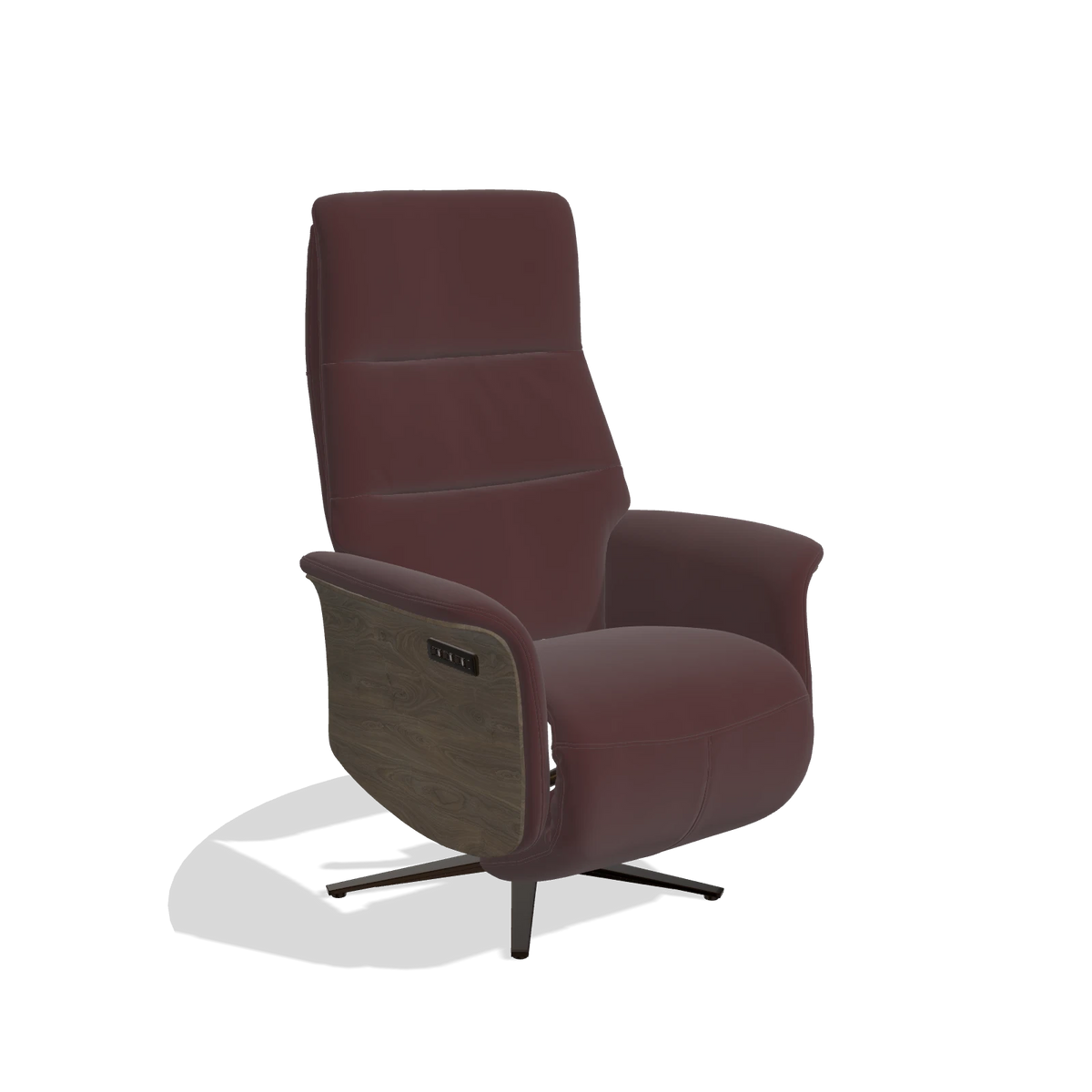 Recliner Atlas 6685 in Leather B938 (chocolate), walnut wood side panels, espresso metal base, angled view
