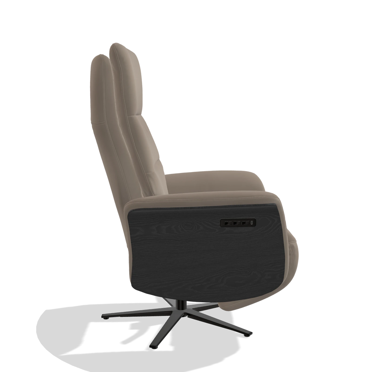 Recliner Atlas 6685 in Leather B942 (greige), black wood side panels, black metal base, side view