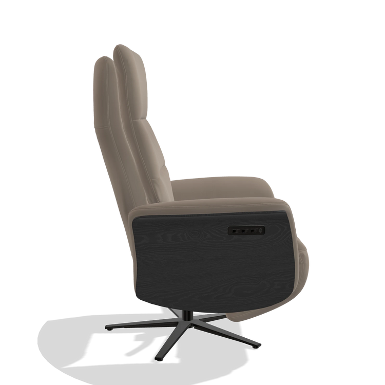 Recliner Atlas 6685 in Leather B942 (greige), black wood side panels, black metal base, side view