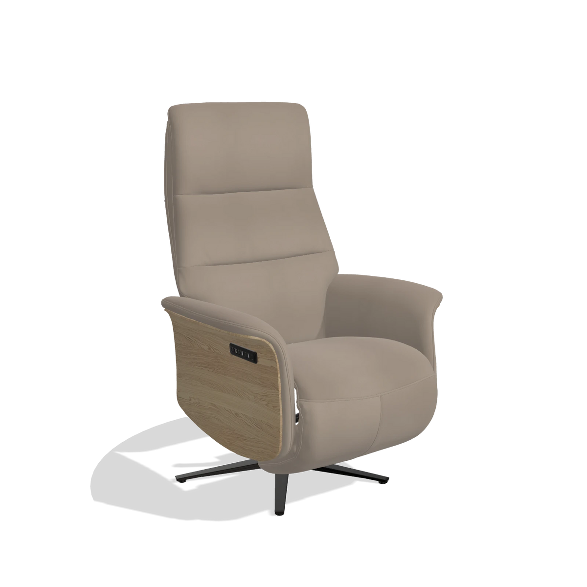 Recliner Atlas 6685 in Leather B942 (greige), natural wood side panels, black metal base, angled view