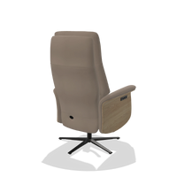 Recliner Atlas 6685 in Leather B942 (greige), natural wood side panels, black metal base, back angled view