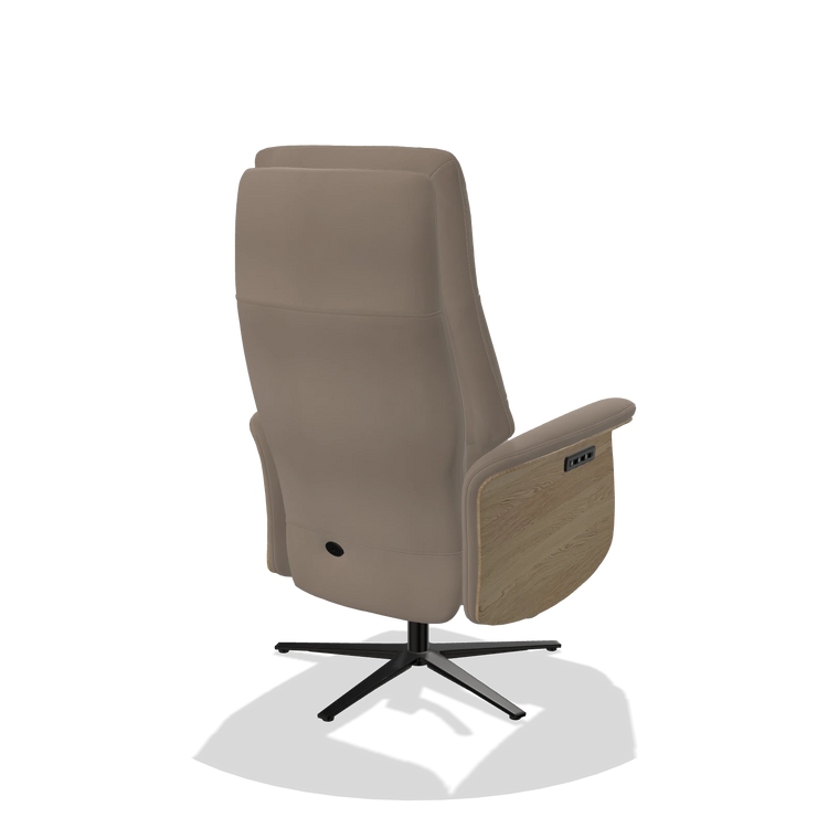 Recliner Atlas 6685 in Leather B942 (greige), natural wood side panels, black metal base, back angled view