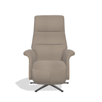 Recliner Atlas 6685 in Leather B942 (greige), natural wood side panels, black metal base, front view