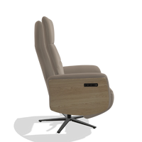 Recliner Atlas 6685 in Leather B942 (greige), natural wood side panels, black metal base, side view