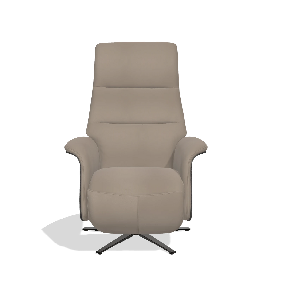Recliner Atlas 6685 in Leather B942 (greige), tobacco wood side panels, black metal base, front view
