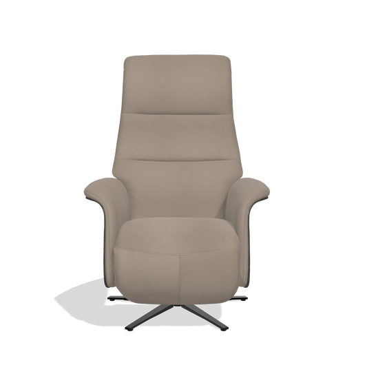 Sillón reclinable Atlas 6685 en Piel B942 (greige), paneles laterales de madera en tabaco, base metálica en negro, vista frontal