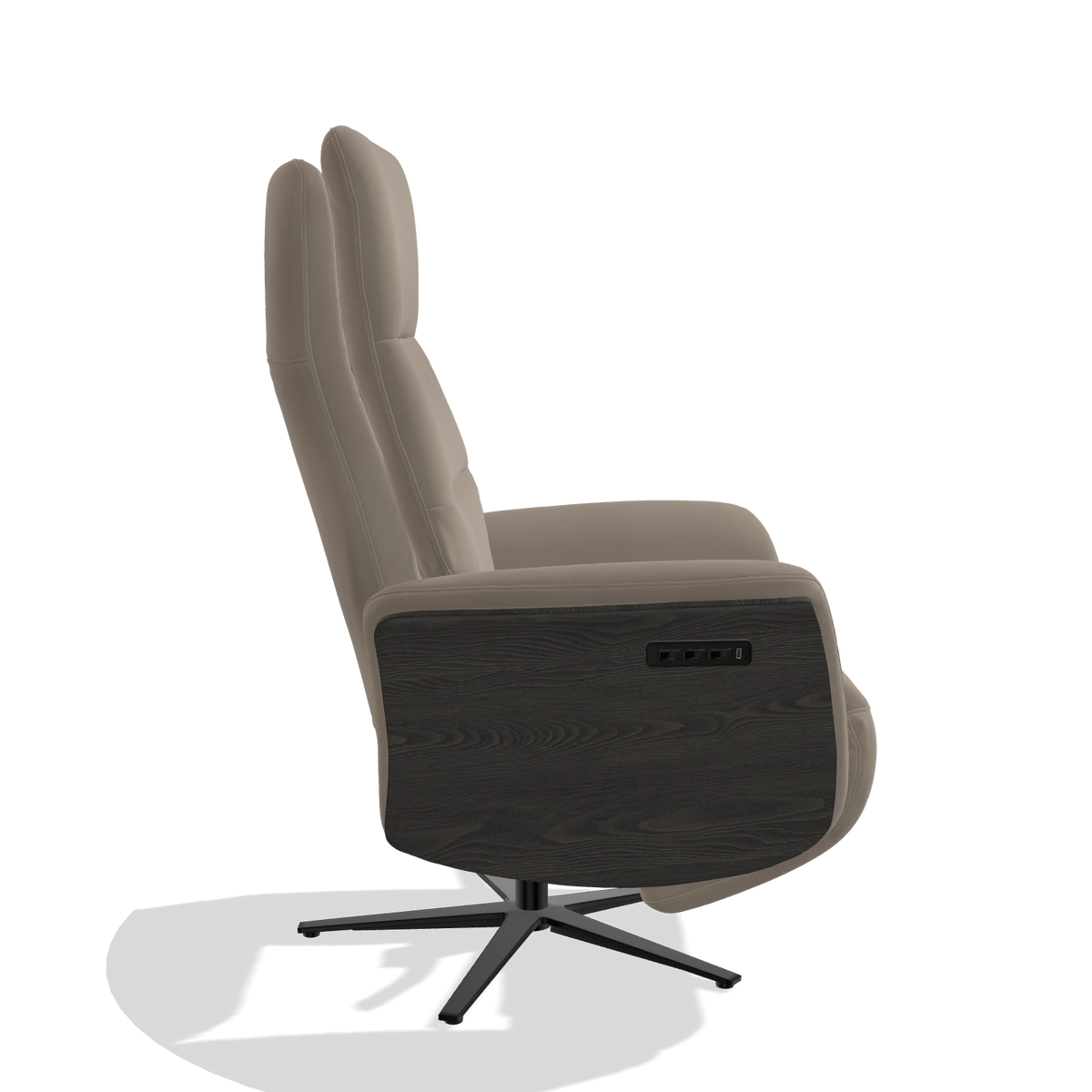 Recliner Atlas 6685 in Leather B942 (greige), tobacco wood side panels, black metal base, side view