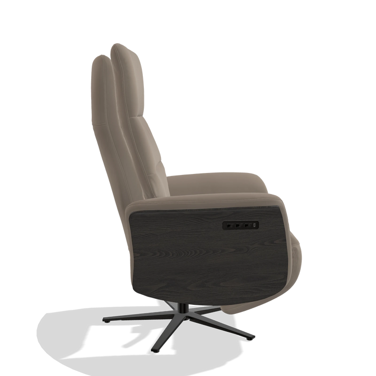 Recliner Atlas 6685 in Leather B942 (greige), tobacco wood side panels, black metal base, side view