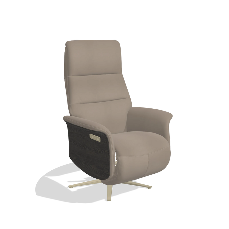 Recliner Atlas 6685 in Leather B942 (greige), tobacco wood side panels, champagne metal base, angled view