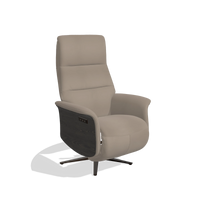 Recliner Atlas 6685 in Leather B942 (greige), tobacco wood side panels, espresso metal base, angled view