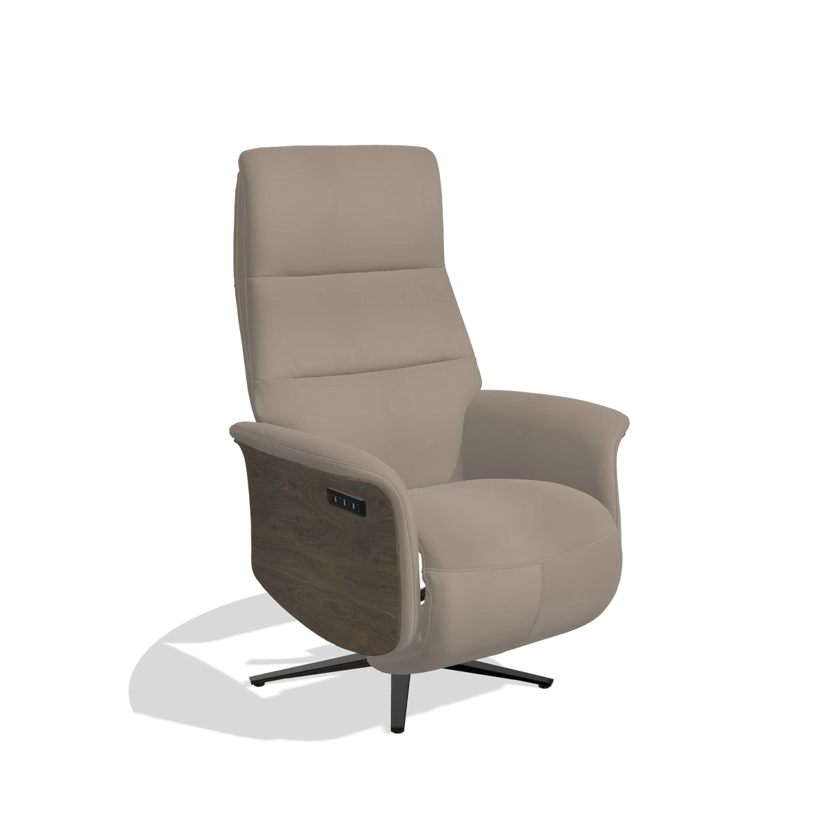 Recliner Atlas 6685 in Leather B942 (greige), walnut wood side panels, black metal base, angled view