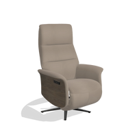 Recliner Atlas 6685 in Leather B942 (greige), walnut wood side panels, black metal base, angled view
