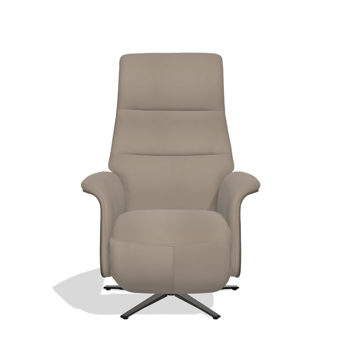 Recliner Atlas 6685 in Leather B942 (greige), walnut wood side panels, black metal base, front view