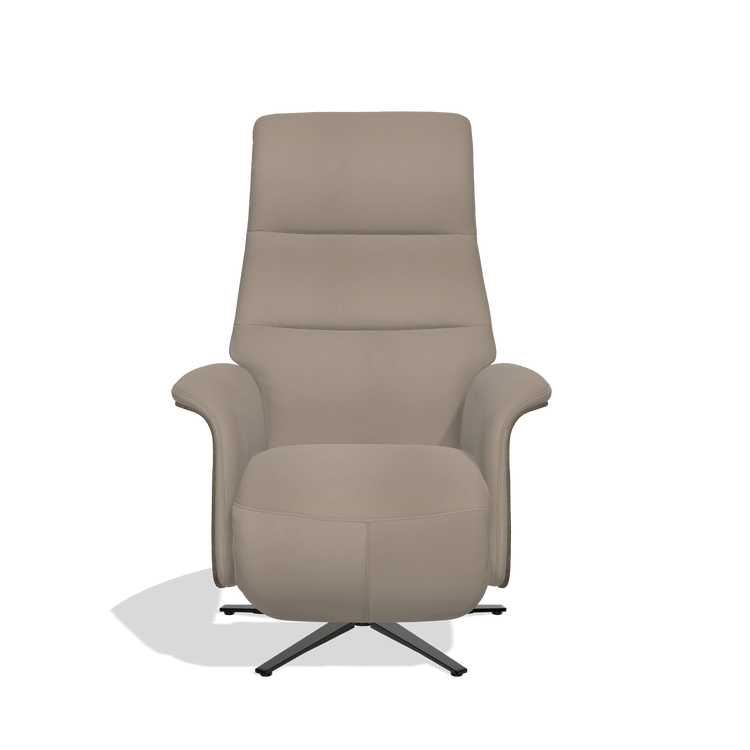 Recliner Atlas 6685 in Leather B942 (greige), walnut wood side panels, black metal base, front view
