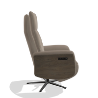 Recliner Atlas 6685 in Leather B942 (greige), walnut wood side panels, black metal base, side view