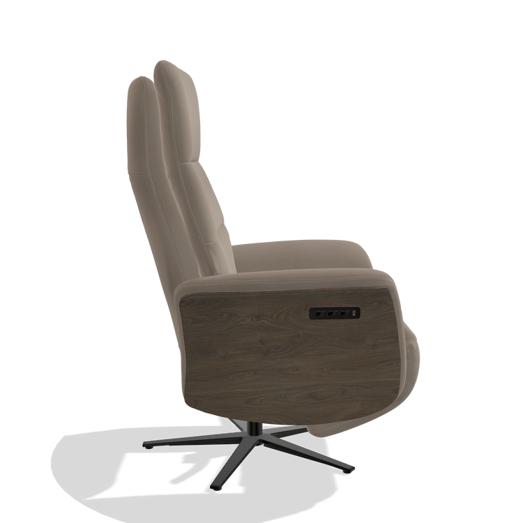 Recliner Atlas 6685 in Leather B942 (greige), walnut wood side panels, black metal base, side view