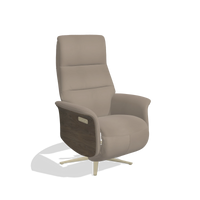 Recliner Atlas 6685 in Leather B942 (greige), walnut wood side panels, champagne metal base, angled view