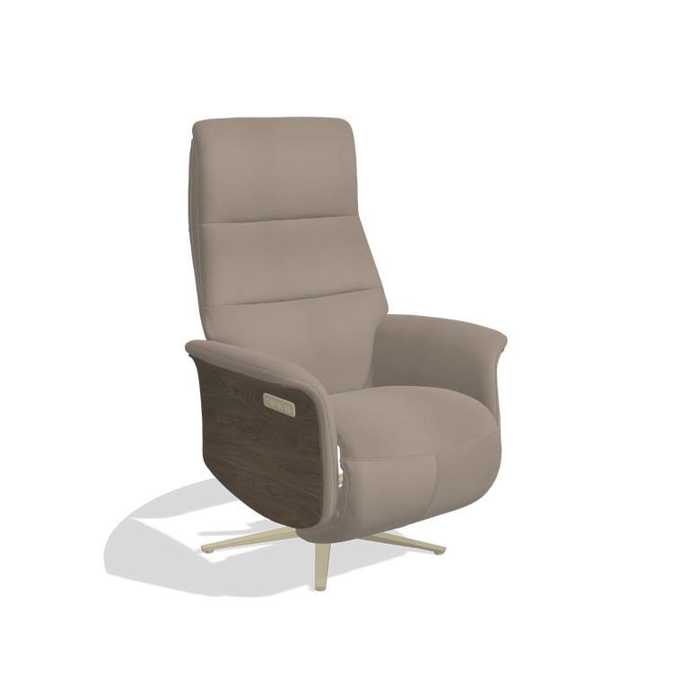 Recliner Atlas 6685 in Leather B942 (greige), walnut wood side panels, champagne metal base, angled view