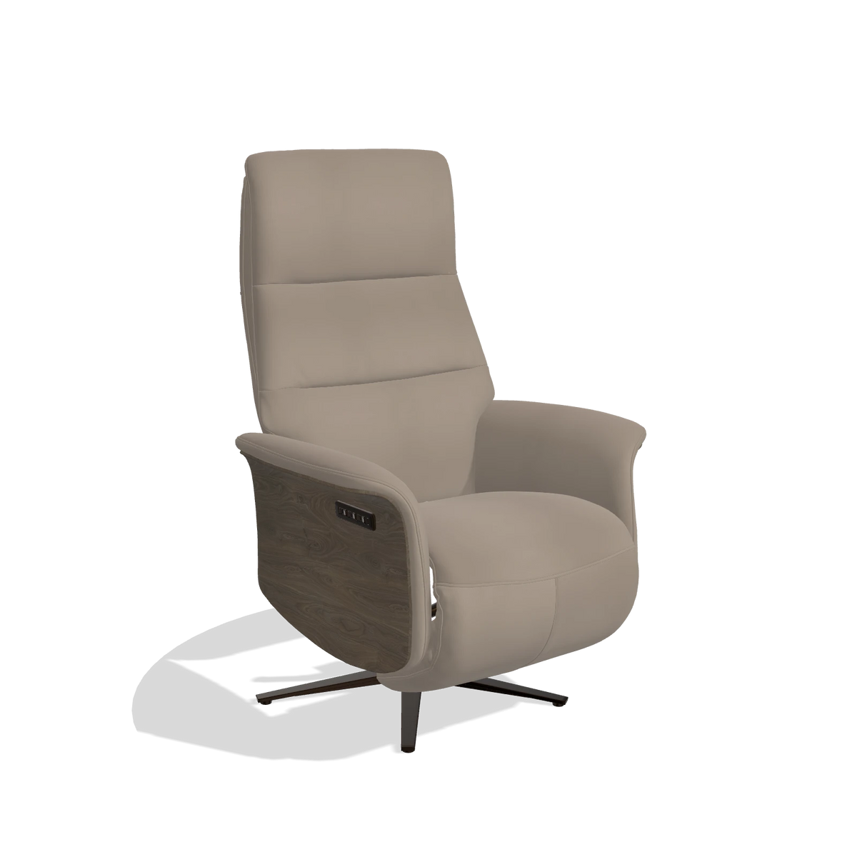 Recliner Atlas 6685 in Leather B942 (greige), walnut wood side panels, espresso metal base, angled view