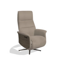 Recliner Atlas 6685 in Leather B942 (greige), walnut wood side panels, espresso metal base, angled view