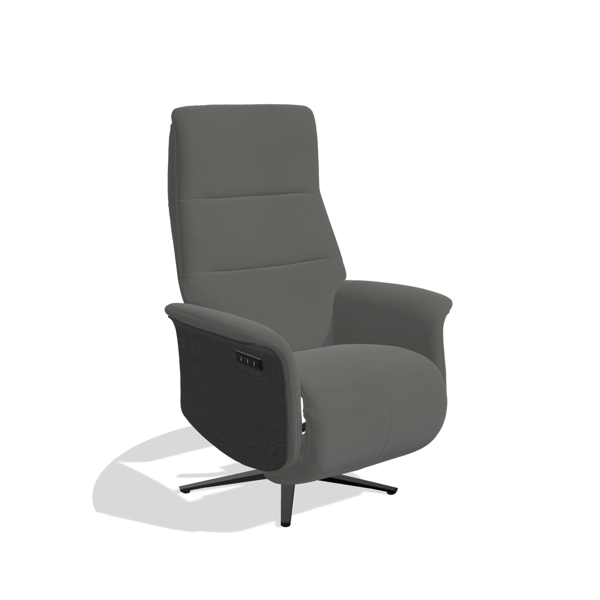 Recliner Atlas 6685 in Leather B945 (dark grey), black wood side panels, black metal base, angled view