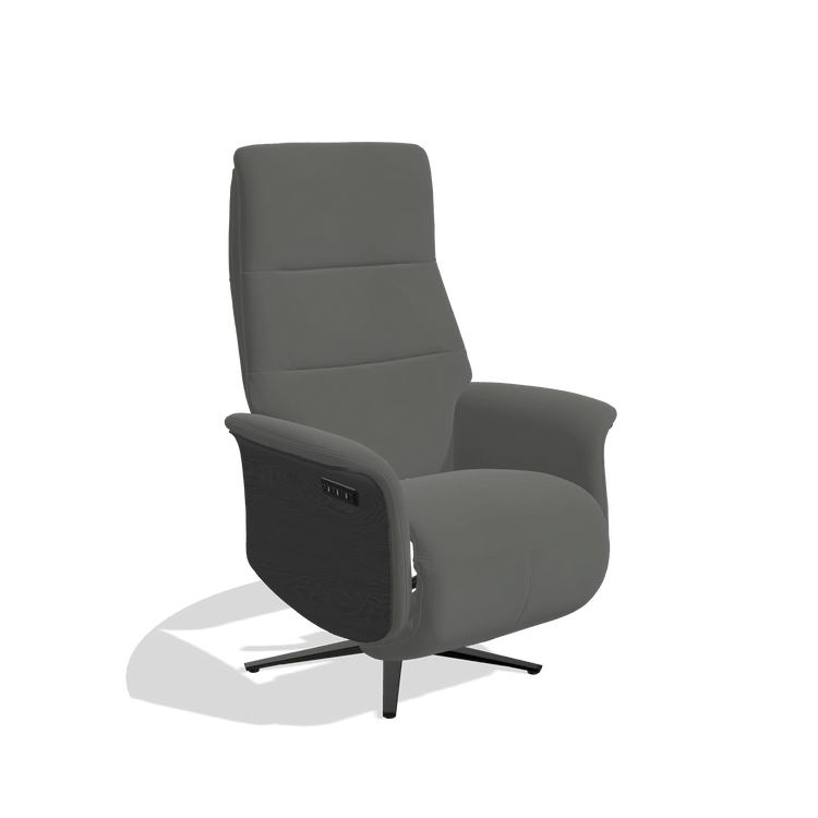 Recliner Atlas 6685 in Leather B945 (dark grey), black wood side panels, black metal base, angled view