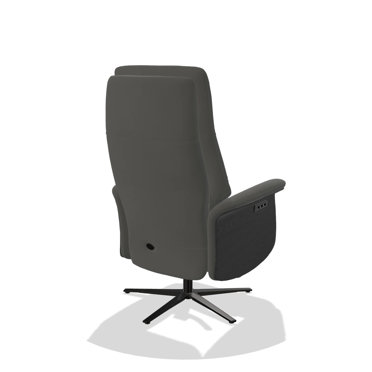 Recliner Atlas 6685 in Leather B945 (dark grey), black wood side panels, black metal base, back angled view