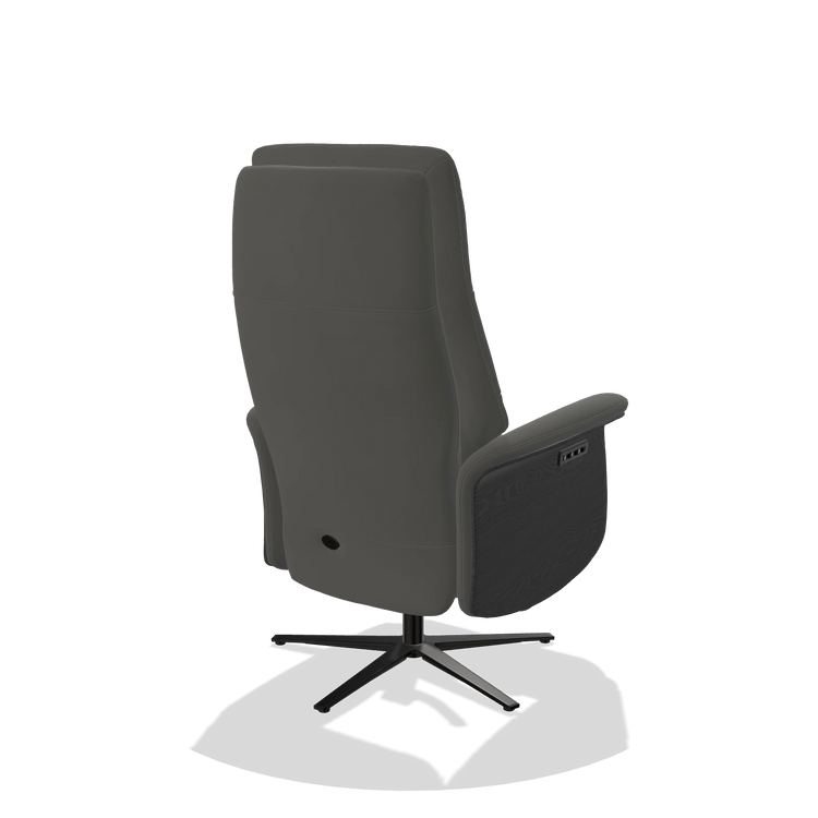 Recliner Atlas 6685 in Leather B945 (dark grey), black wood side panels, black metal base, back angled view