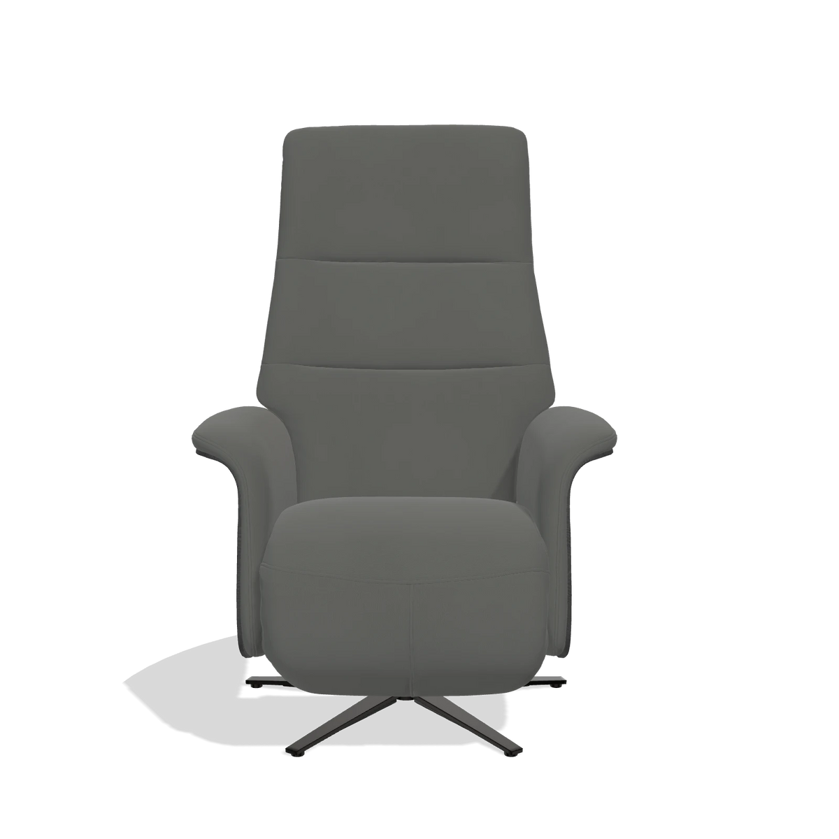 Recliner Atlas 6685 in Leather B945 (dark grey), black wood side panels, black metal base, front view