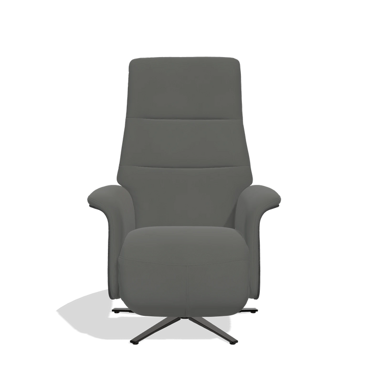 Recliner Atlas 6685 in Leather B945 (dark grey), black wood side panels, black metal base, front view