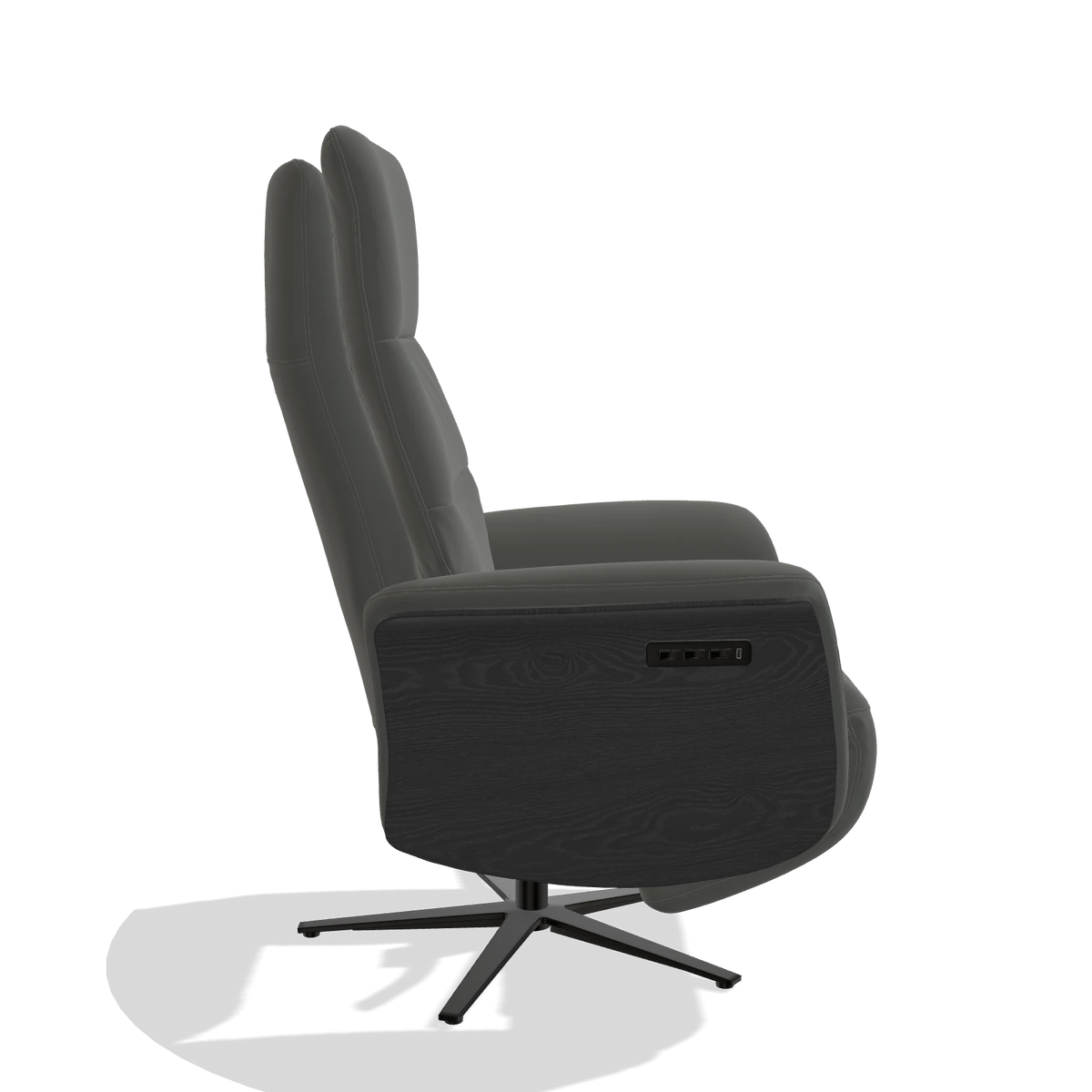 Recliner Atlas 6685 in Leather B945 (dark grey), black wood side panels, black metal base, side view