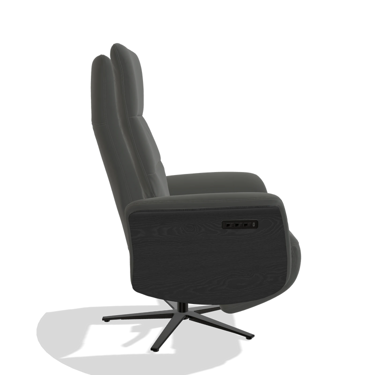 Recliner Atlas 6685 in Leather B945 (dark grey), black wood side panels, black metal base, side view