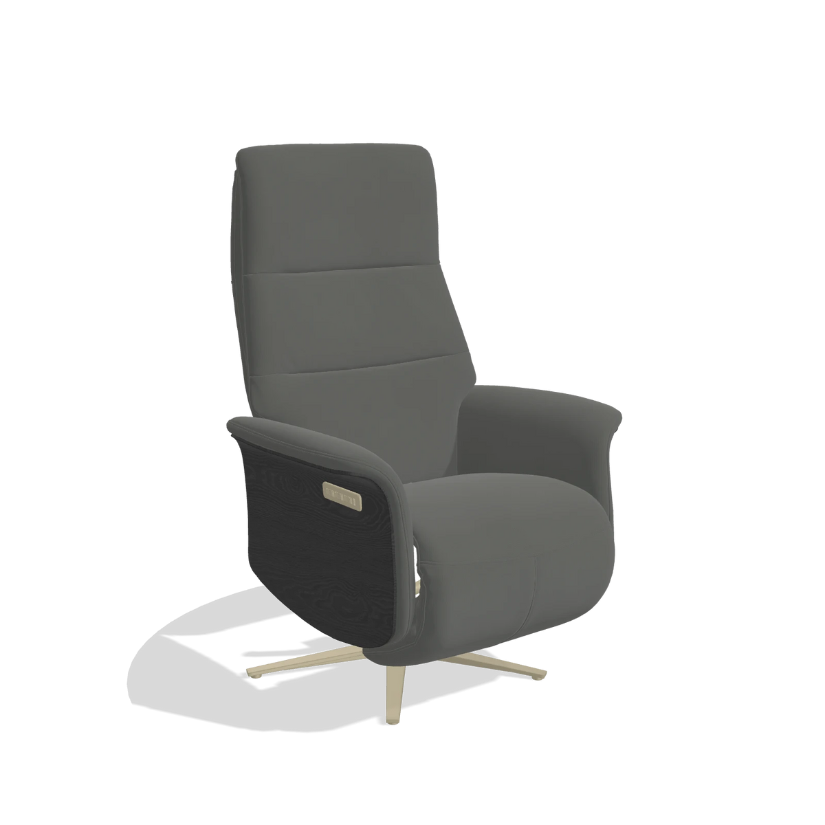 Recliner Atlas 6685 in Leather B945 (dark grey), black wood side panels, champagne metal base, angled view