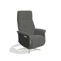 Recliner Atlas 6685 in Leather B945 (dark grey), black wood side panels, champagne metal base, angled view