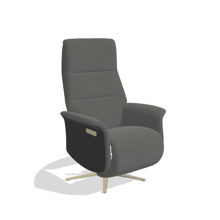 Recliner Atlas 6685 in Leather B945 (dark grey), black wood side panels, champagne metal base, angled view