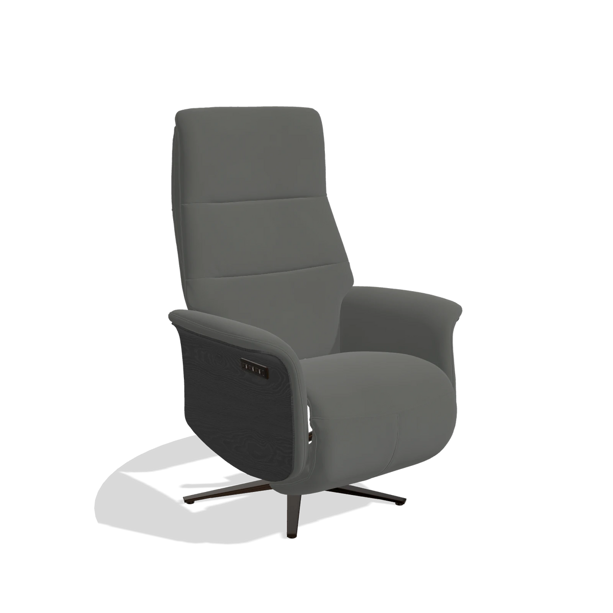Recliner Atlas 6685 in Leather B945 (dark grey), black wood side panels, espresso metal base, angled view