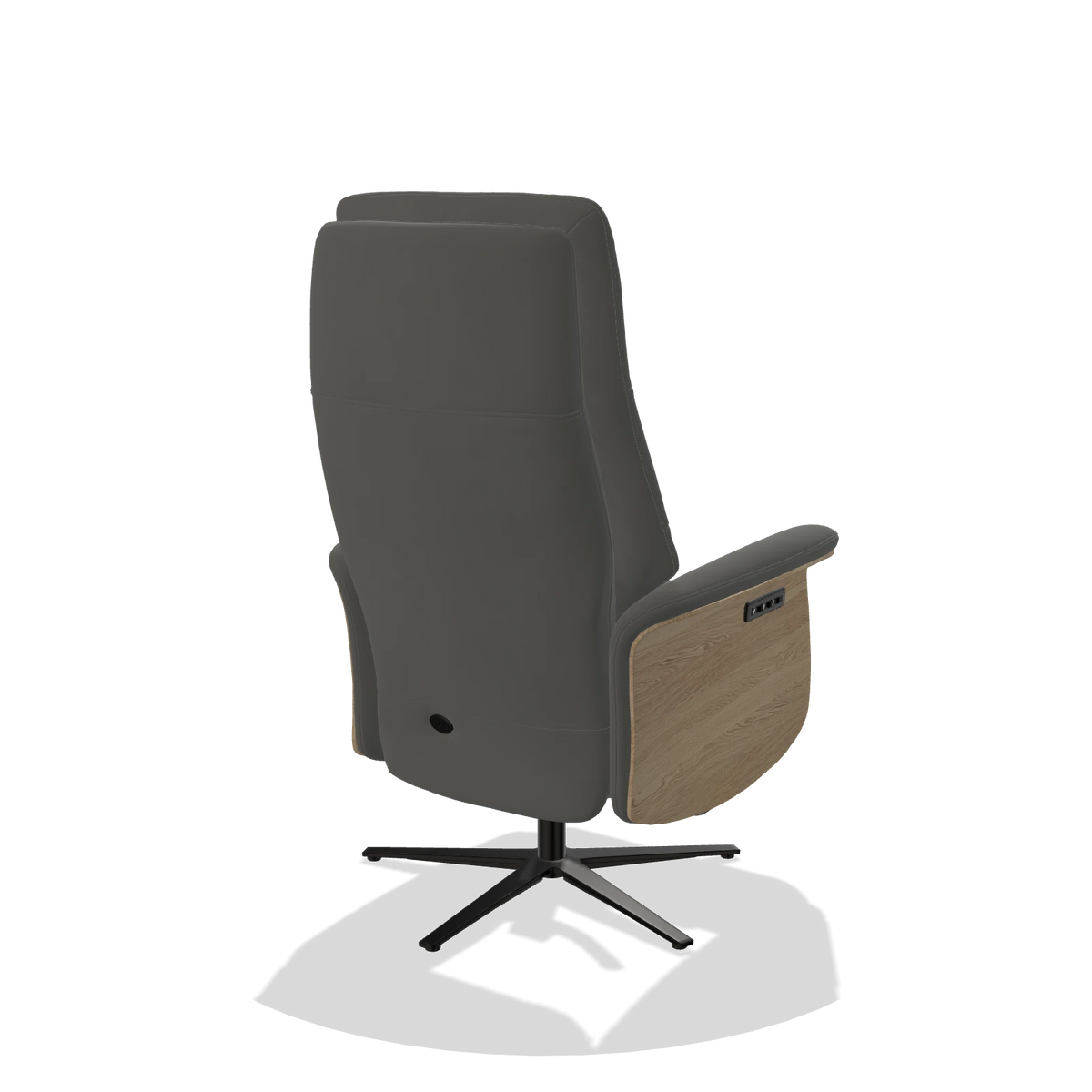 Recliner Atlas 6685 in Leather B945 (dark grey), natural wood side panels, black metal base, back angled view