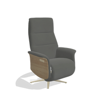 Recliner Atlas 6685 in Leather B945 (dark grey), natural wood side panels, champagne metal base, angled view