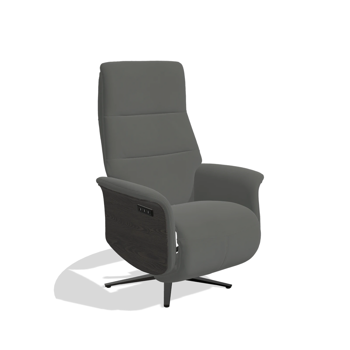Recliner Atlas 6685 in Leather B945 (dark grey), tobacco wood side panels, black metal base, angled view